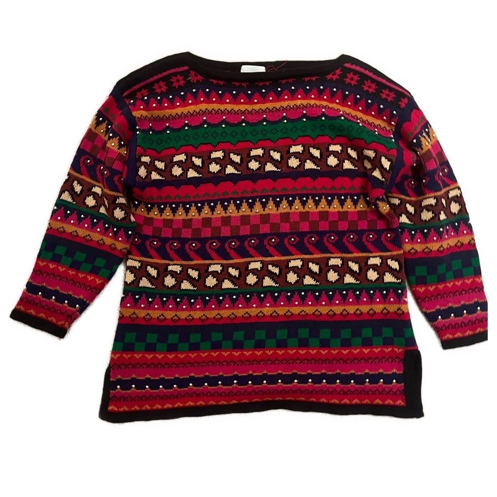Vintage Capezio Women's Multicolor Geometric Pattern Knit Sweater Beaded- Size L